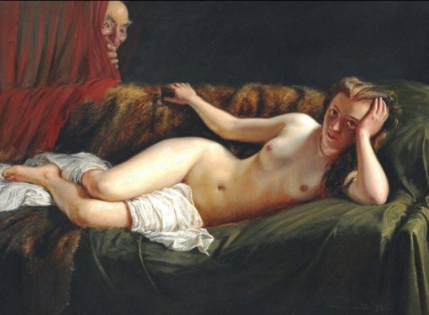 Interiör med en naken i hemlighet bevakad av en gammal man 1862