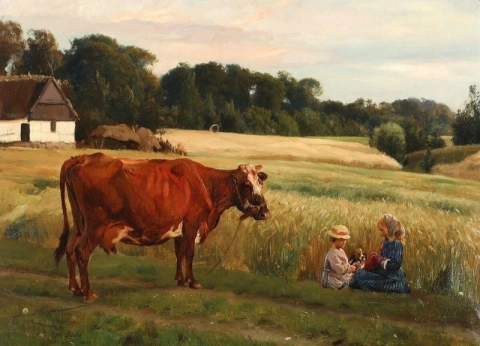 Летний пейзаж с двумя девушками и коровой 1881