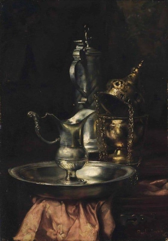Um jarro e uma tigela de prata em uma borda de madeira, 1886