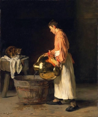 Niño con una jarra de agua y un gato.