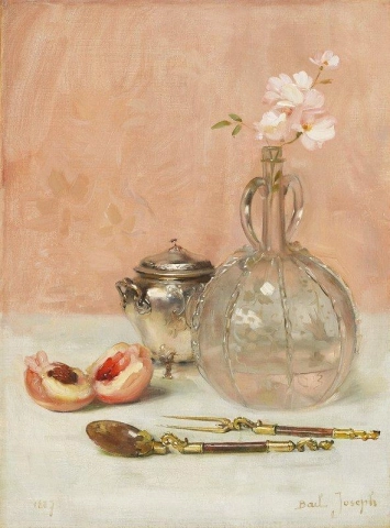 Stillleben mit Blumen in einem Glaskrug, silberner Zuckerdose, Gabel, Löffel und einem Pfirsich, 1887