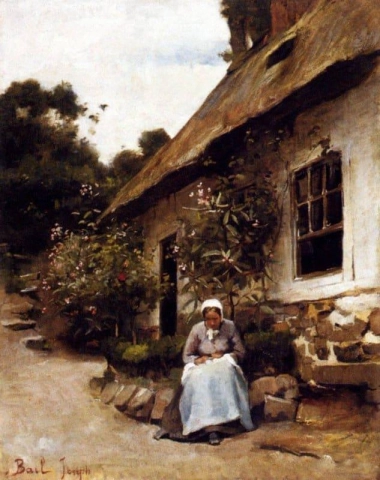 Mujer cosiendo delante de su cabaña