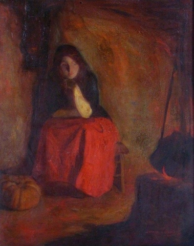 Frau sitzt vor einem Feuer