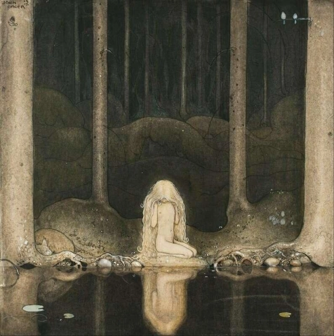 Prinsesse Tuvstarr stirrer ned i det mørke vannet i skogen Tarn 1913