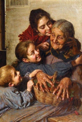 Großmutter und Enkelkinder mit einem Korb voller Kirschen