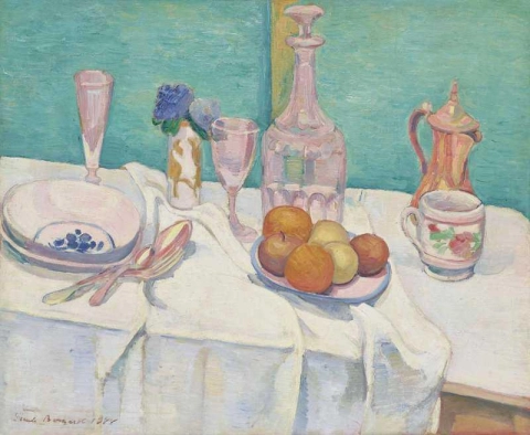 Stillleben mit Karaffe, Gläsern, Obsttopf aus Blech auf einer Tischdecke, 1888