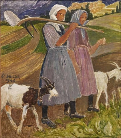 ヤギを連れた二人の農民女性 1946