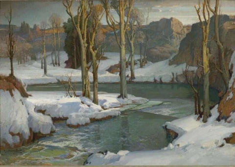 Tranquilidad Un paisaje fluvial cubierto de nieve Ca. 1926