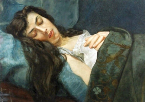Schlafende Frau mit langen wallenden Haaren