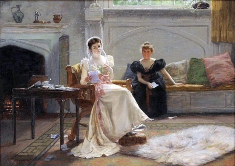 仲間と愛のメモを読む若い女性 1893