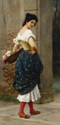 Una doncella con una cesta de rosas 1900