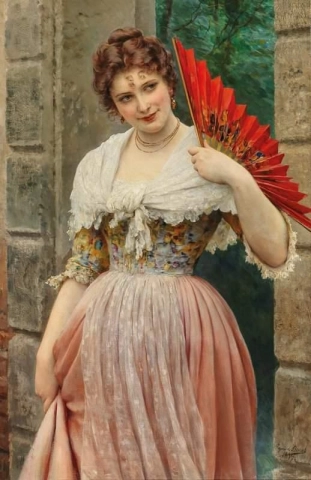 Una joven con un abanico rojo 1897