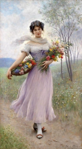 Chica con vestido lila ramo y cesta de flores 1911