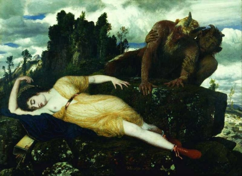 Sovende Diana sett av to fauner