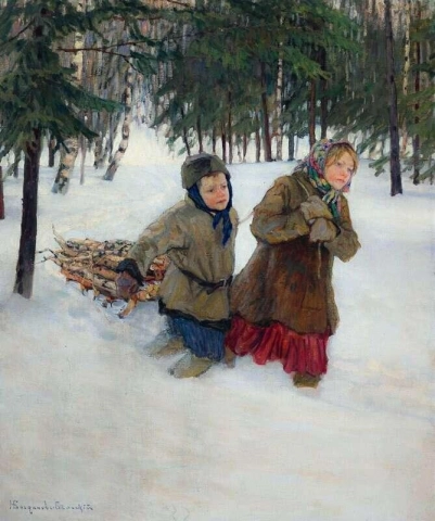 Crianças carregando madeira na neve do inverno