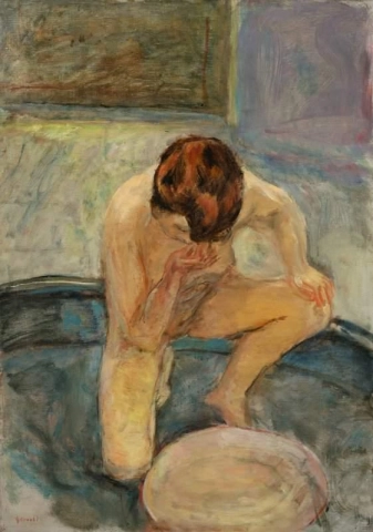浴槽でしゃがむ裸の金の女性 1913