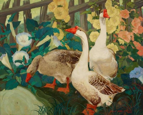 Geese With Morning Glories And Hollyhocks 1932