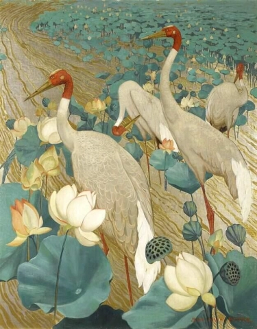 Sarus Cranes And Lotus