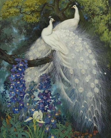 Vita påfåglar och blå delphinium 1924