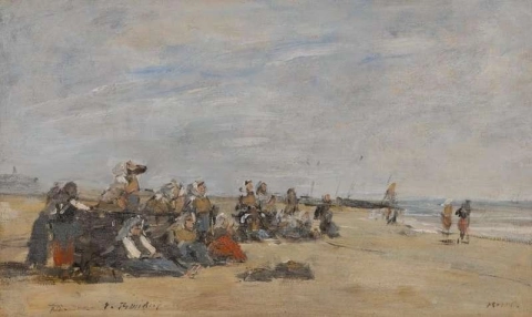 Berck grupp av fiskare som sitter på stranden 1875