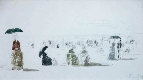 Hoepelrokken op het strand Boulogne 1868