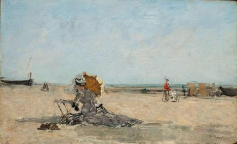 Kvinne L paraply på stranden ca. 1880-85