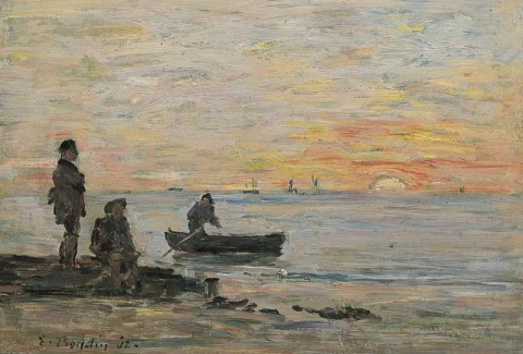 Laskuvesi ja kalastajat auringonlaskun aikaan 1862