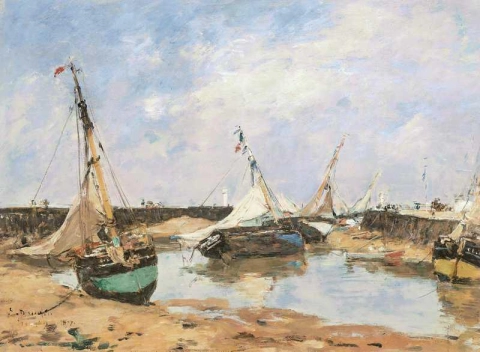 トルヴィル。桟橋の間に座礁したボート 1877