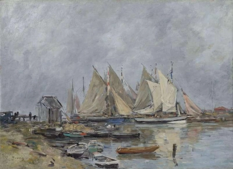 特鲁维尔勒港船只和独木舟，约 1880-85 年
