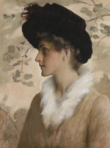 Porträtt av en halvlångt dam som bär en svart hatt och pälsstole 1888
