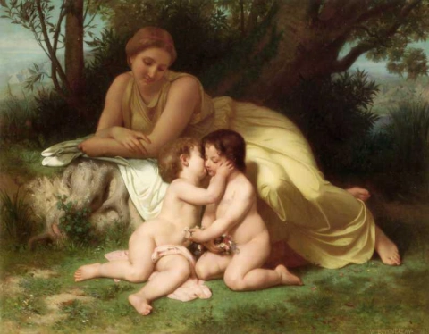 Giovane donna che contempla due bambini che si abbracciano