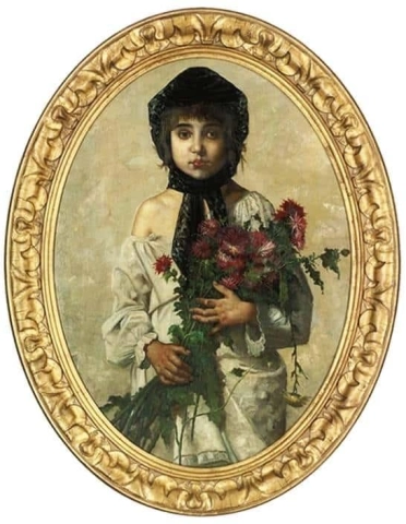 Portrait Of A Young Girl Half-length In A Black Bonnet Holding A Bunch Of Wild Flowers 1883