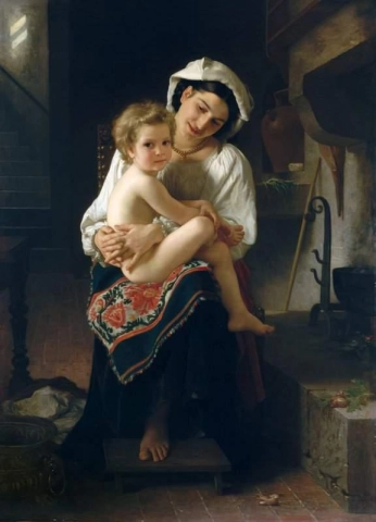 أم شابة تحدق في طفلها 1871