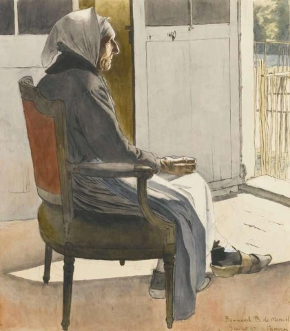 Portrett av en gammel bondekvinne som sitter foran en havn 1897