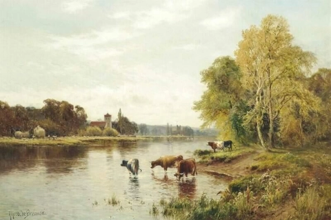 Abbeveraggio del bestiame su un fiume