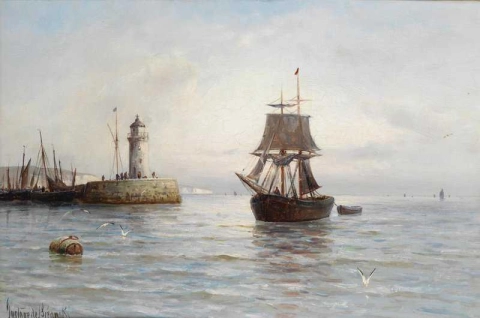Fishing Boats Off A Lighthouse In Calm Waters