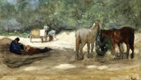 Rustende paarden bij een zandbak Den Haag ca. 1881