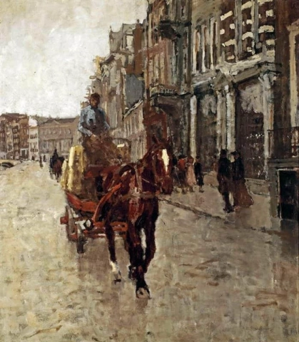 Рокин Вестзейде: Повозка, запряженная лошадьми, на Рокине, Амстердам, 1904 год.