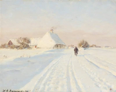 Uma estrada rural cortando uma paisagem de inverno