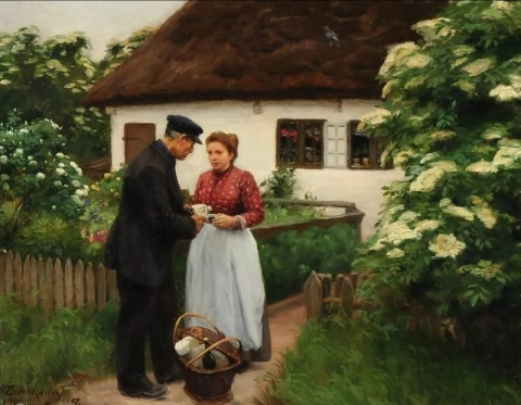 Een man en een vrouw in gesprek voor een huis, 1907