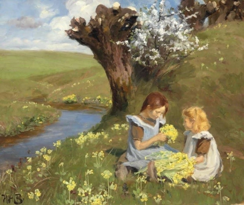 Een weiland met twee meisjes die sleutelbloemen plukken