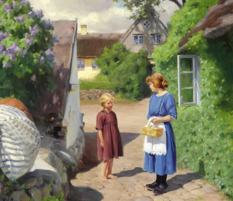 En vårdag i Jyllinge med blomstrende syriner og to jenter som chatter 1922