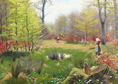 Ein Frühlingstag im Wald mit zwei Mädchen, die Anemonen pflücken