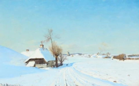 Ein sonniger Wintertag mit Häusern, Mühle und Figuren