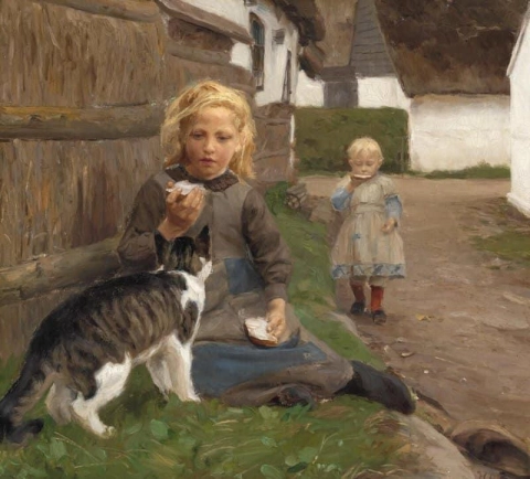 Un villaggio con due bambine che mangiano panini mentre un gatto guarda
