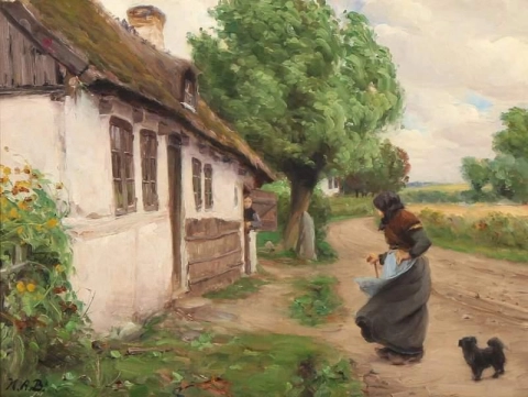 Uma mulher apanhada pelo vento por uma casa de fazenda