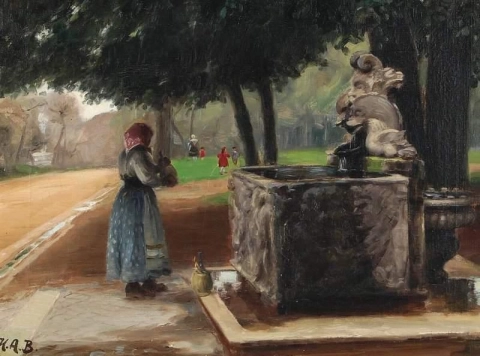 Eine Frau vor einem Brunnen