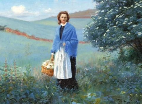 Молодая женщина в синей шали и корзине с цветами бузины. 1880-е гг.