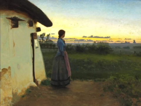 At Dusk. Peasant Girl Looks At The Last Rays Of The Sun