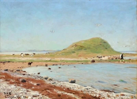 羊と歩く男がいるビーチの風景 1894
